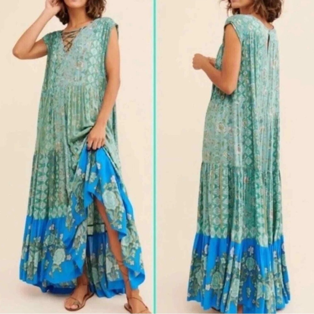 Free People Green and Blue Patterned Maxi Dress